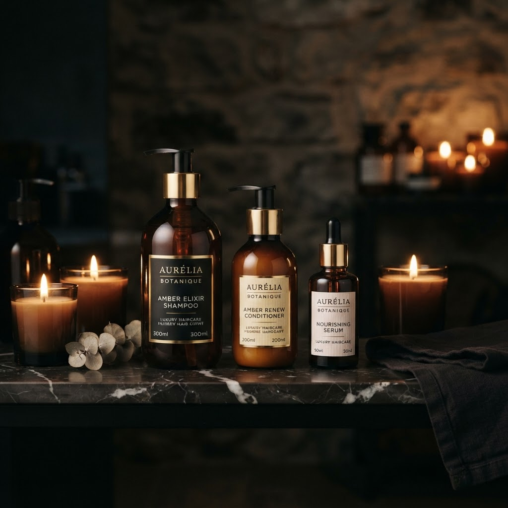 Premium haircare products displayed on a marble shelf
